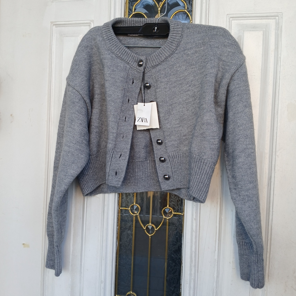 Zara Light Gray Cropped Button Cardigan